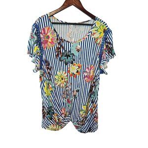 NY Collection colorful floral striped tie front top flutter sleeves‎ Size 2X New